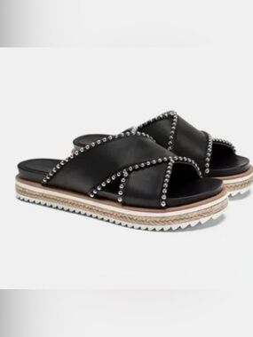 Zara Sandals Black Silver Studded Cross Strap Slides Women 6.5 Open Toe Slip On
